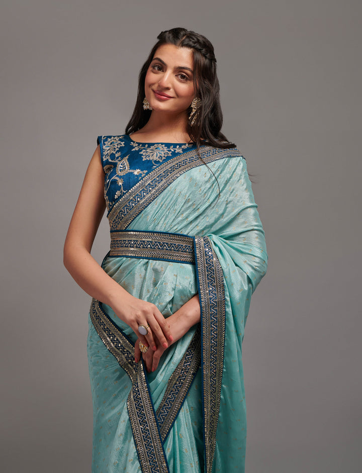 Embroidered Chinon Saree with Dupion Blouse | Traditional Wedding Attire