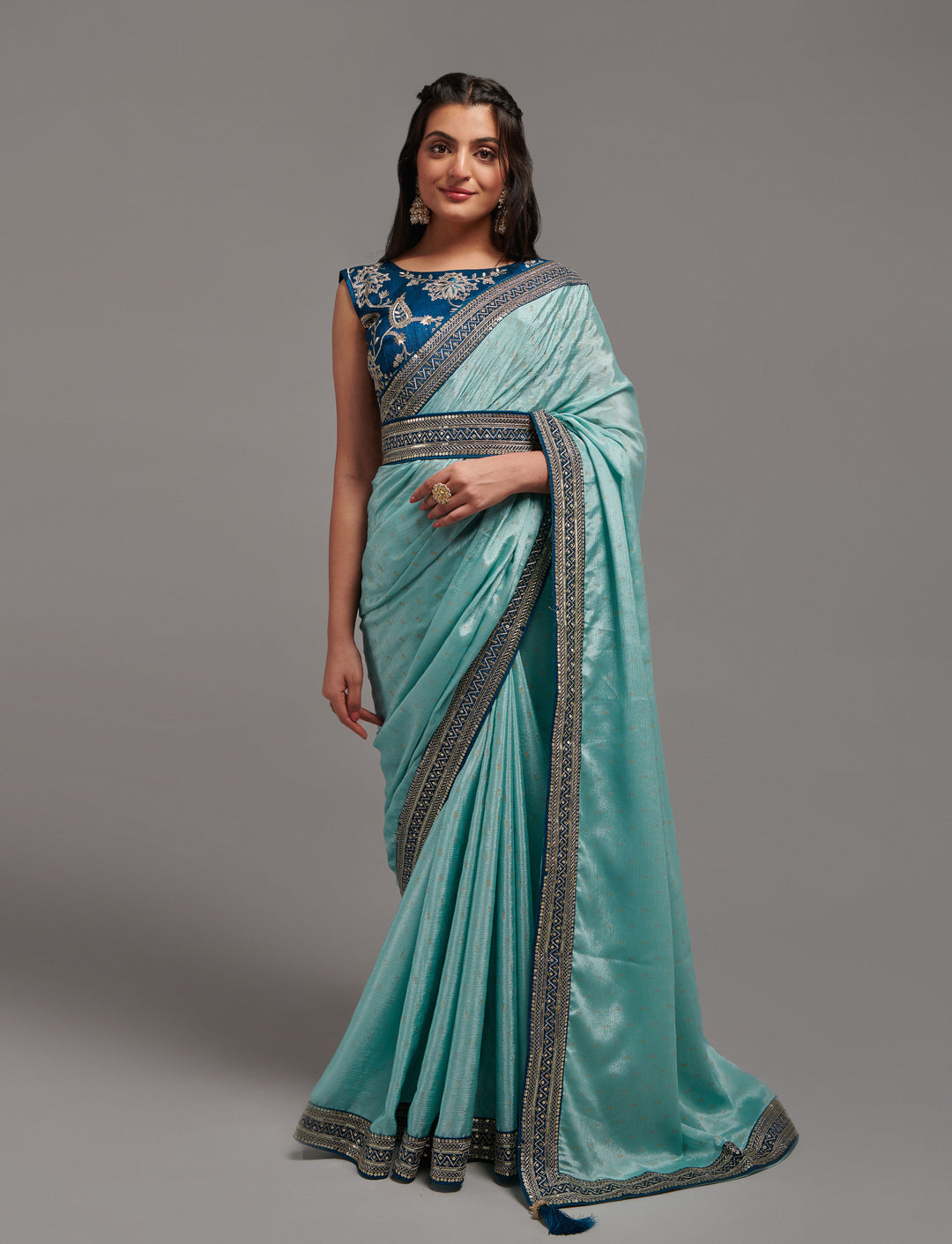 Embroidered Chinon Saree with Dupion Blouse | Traditional Wedding Attire