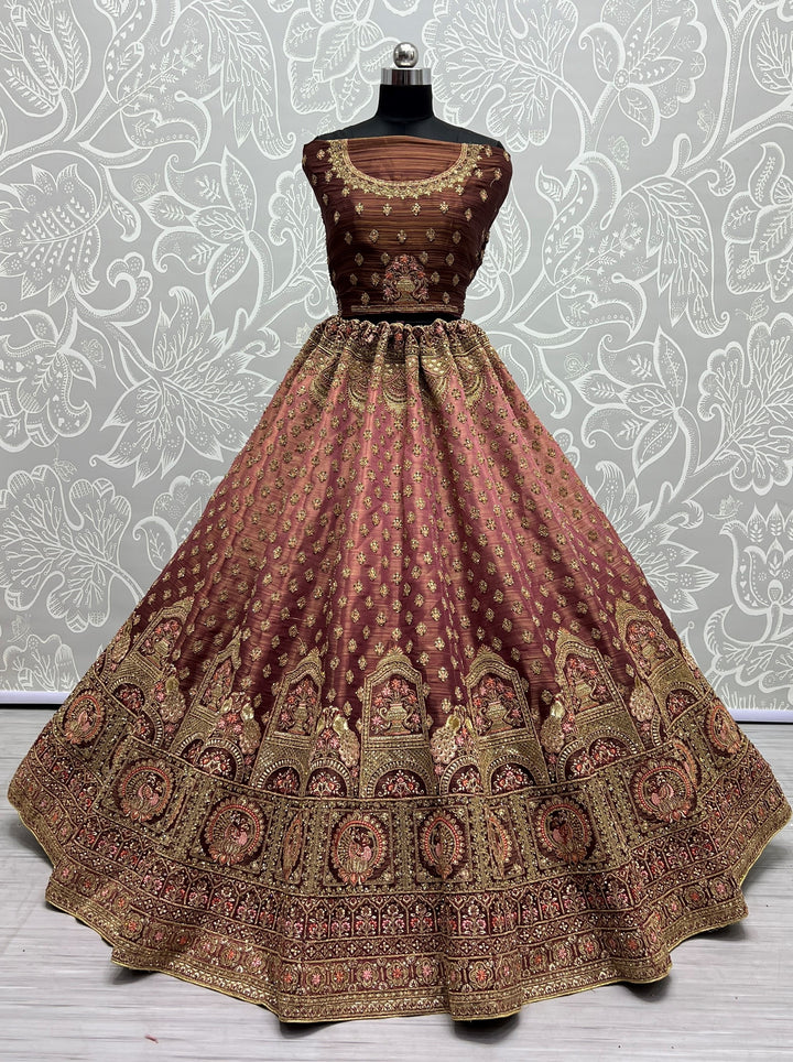 Charming Brown Bridal Net Lehenga with Peach Dupatta | Unmatched Beauty for Grand Occasions