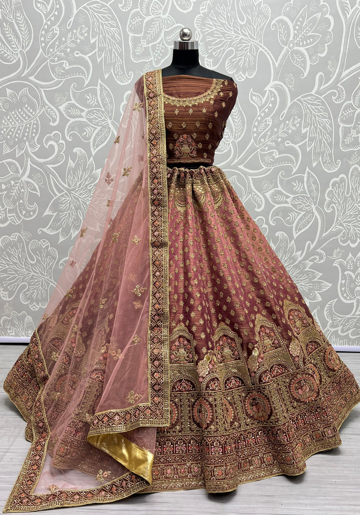 Charming Brown Bridal Net Lehenga with Peach Dupatta | Unmatched Beauty for Grand Occasions