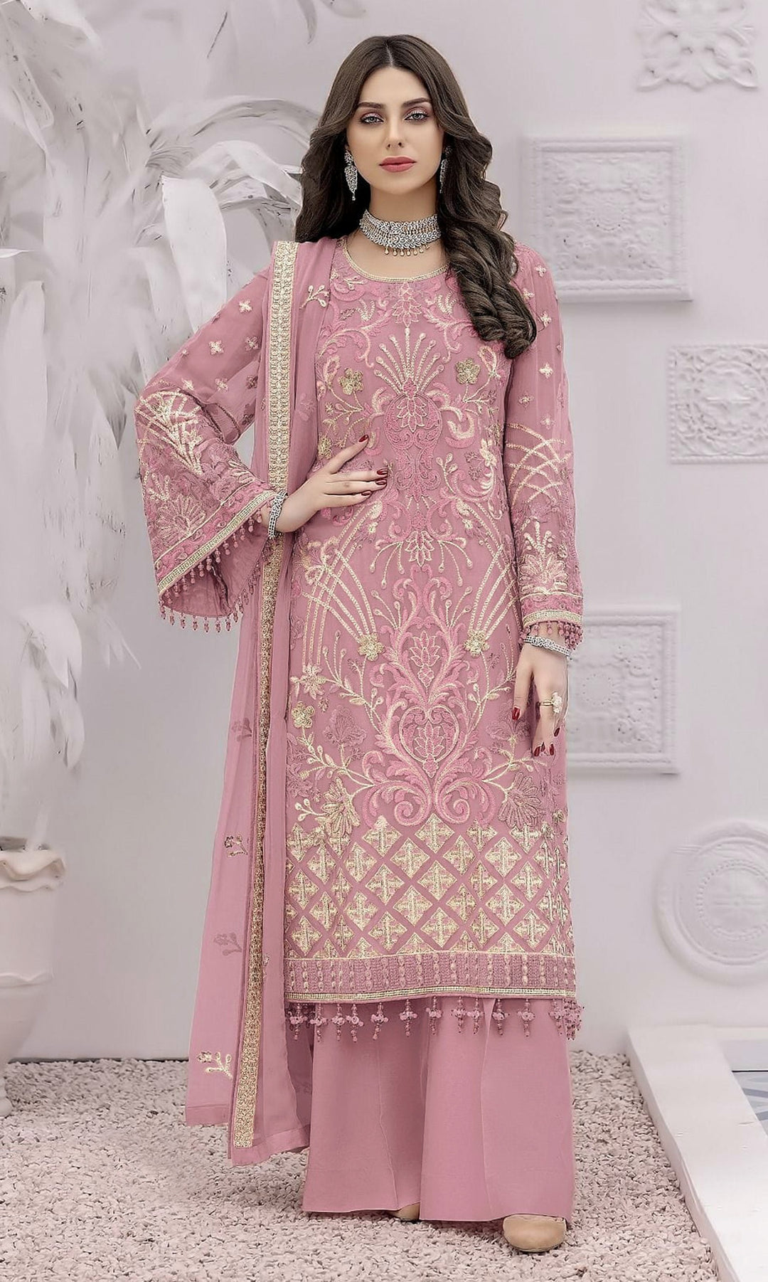 Designer Faux-Georgette Palazzo | Full-Sleeve Round-Neck Embroidery | Traditional Wedding Party Wear