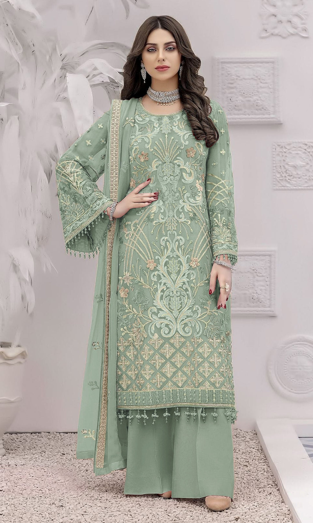 Designer Faux-Georgette Palazzo | Full-Sleeve Round-Neck Embroidery | Traditional Wedding Party Wear