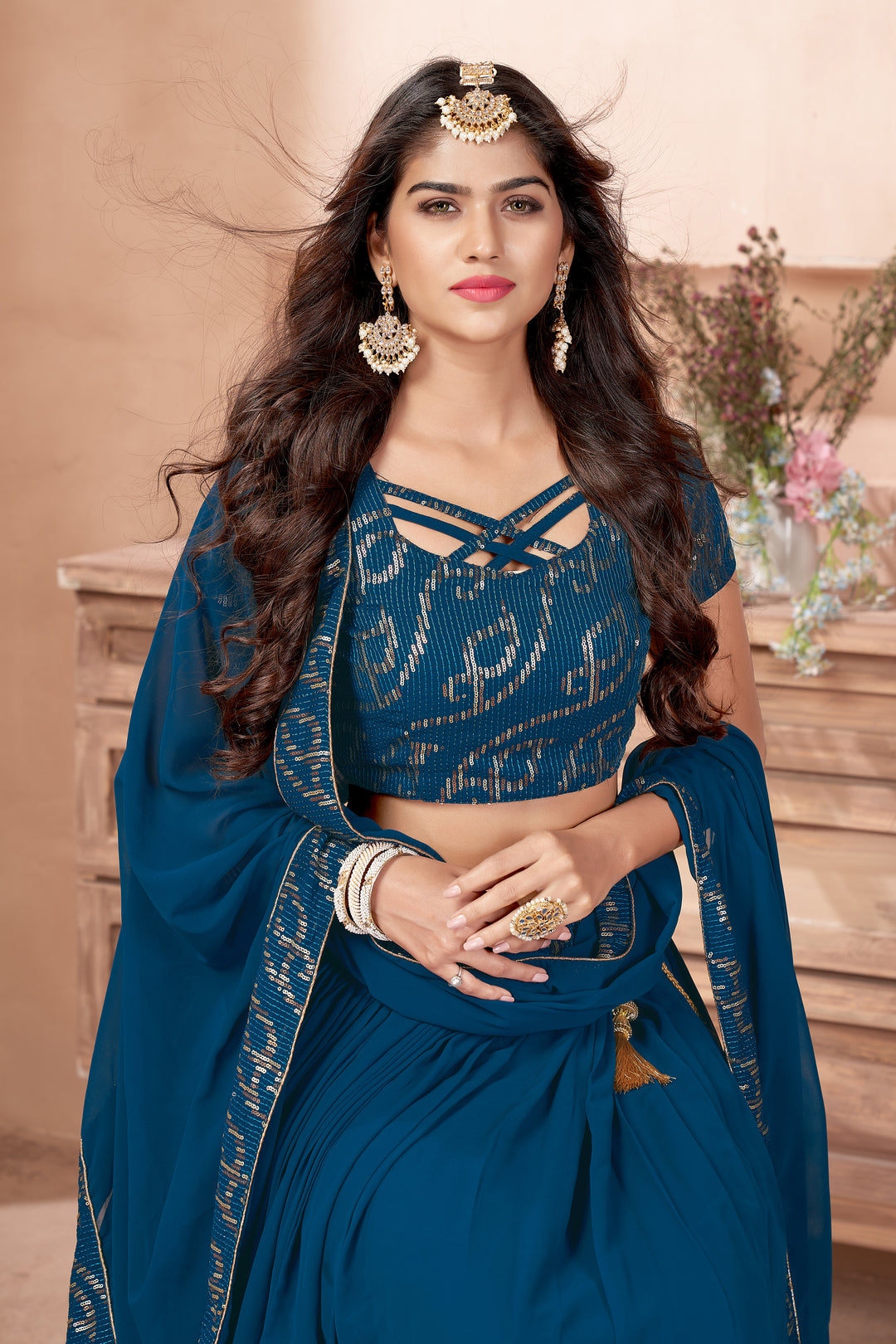 Elegant Blue Faux Georgette Lehenga with Blue Dupatta | A Captivating Traditional Ensemble