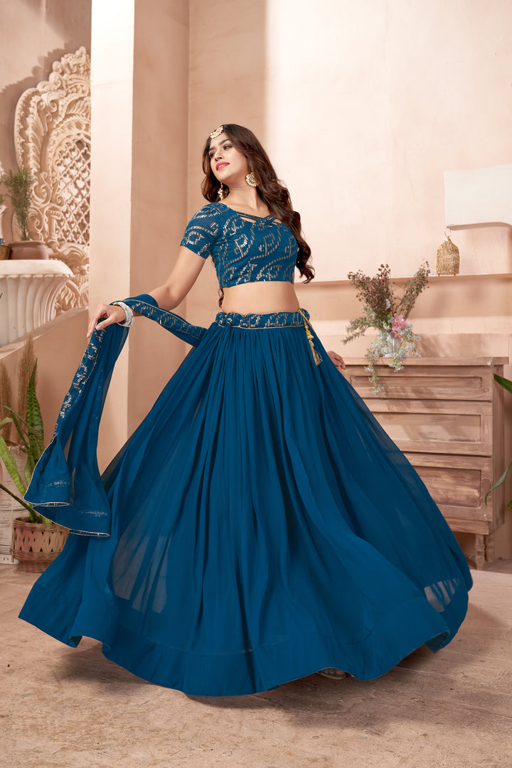 Elegant Blue Faux Georgette Lehenga with Blue Dupatta | A Captivating Traditional Ensemble