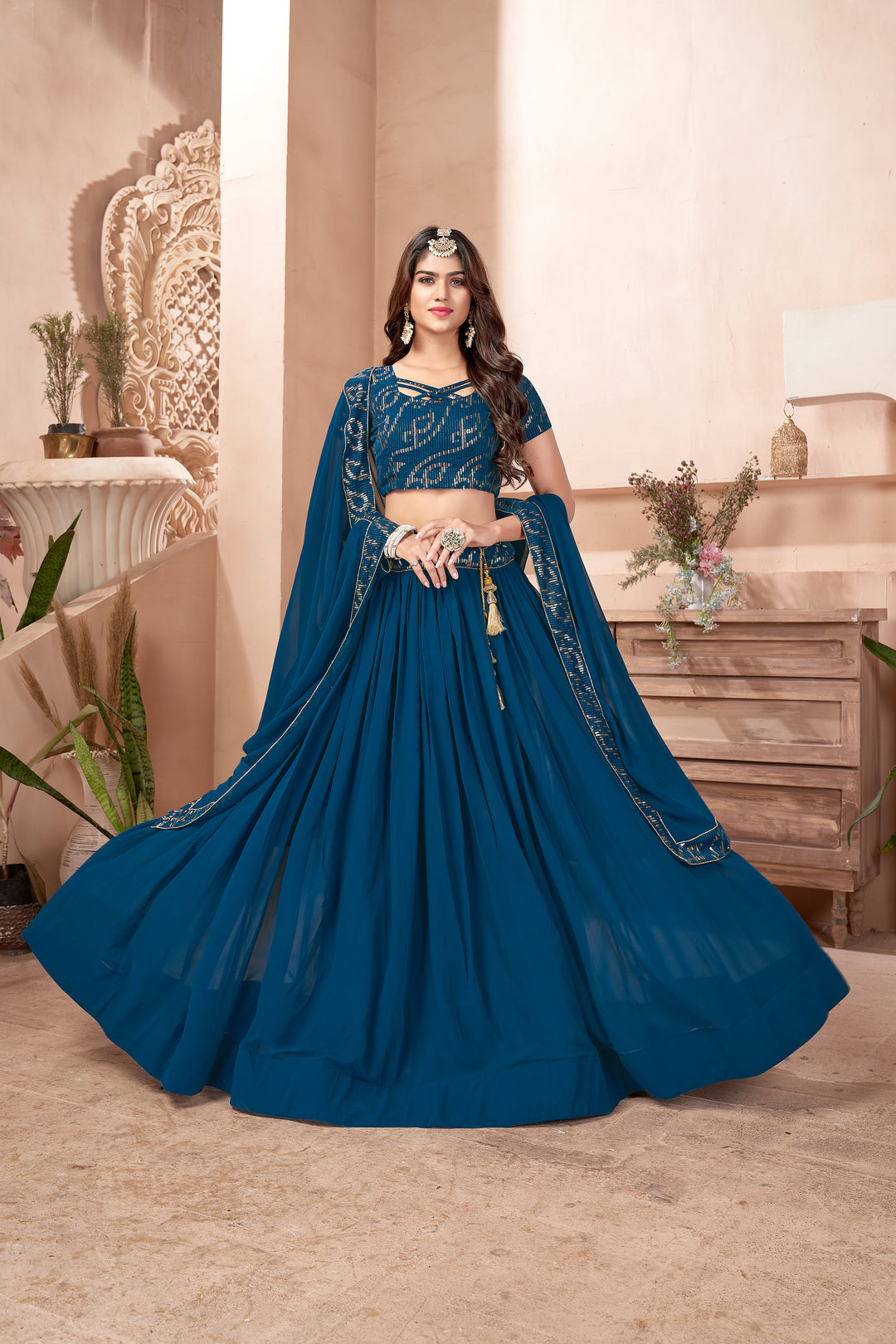 Elegant Blue Faux Georgette Lehenga with Blue Dupatta | A Captivating Traditional Ensemble