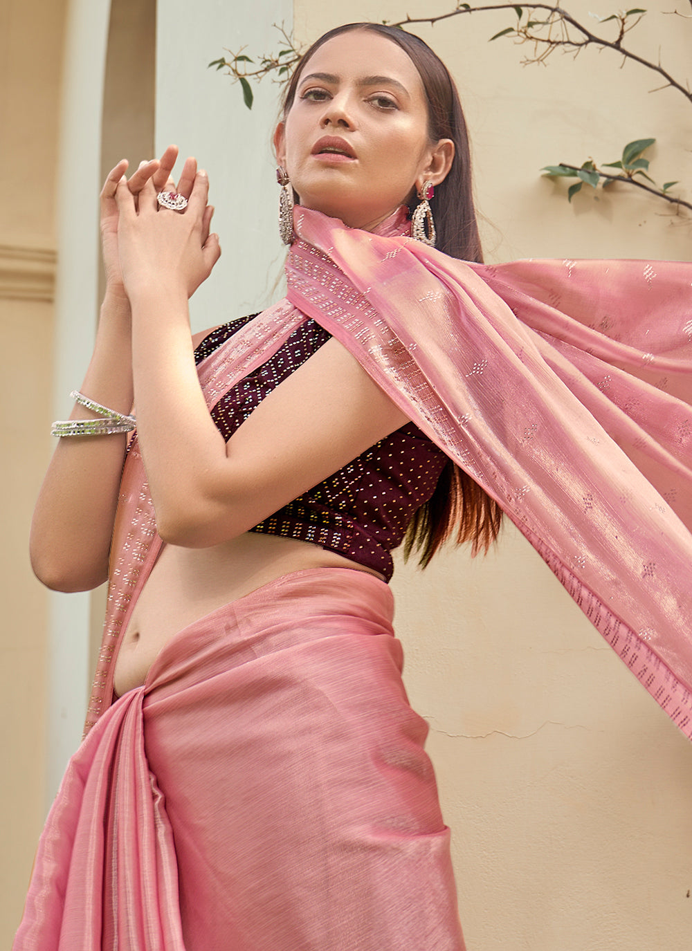 Burberry Silk Saree with Swarovski Designer Work | Satin Blouse for Weddings