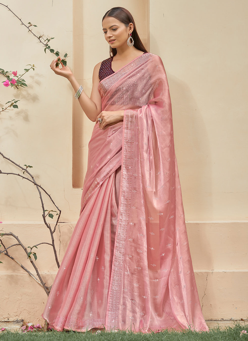 Burberry Silk Saree with Swarovski Designer Work | Satin Blouse for Weddings