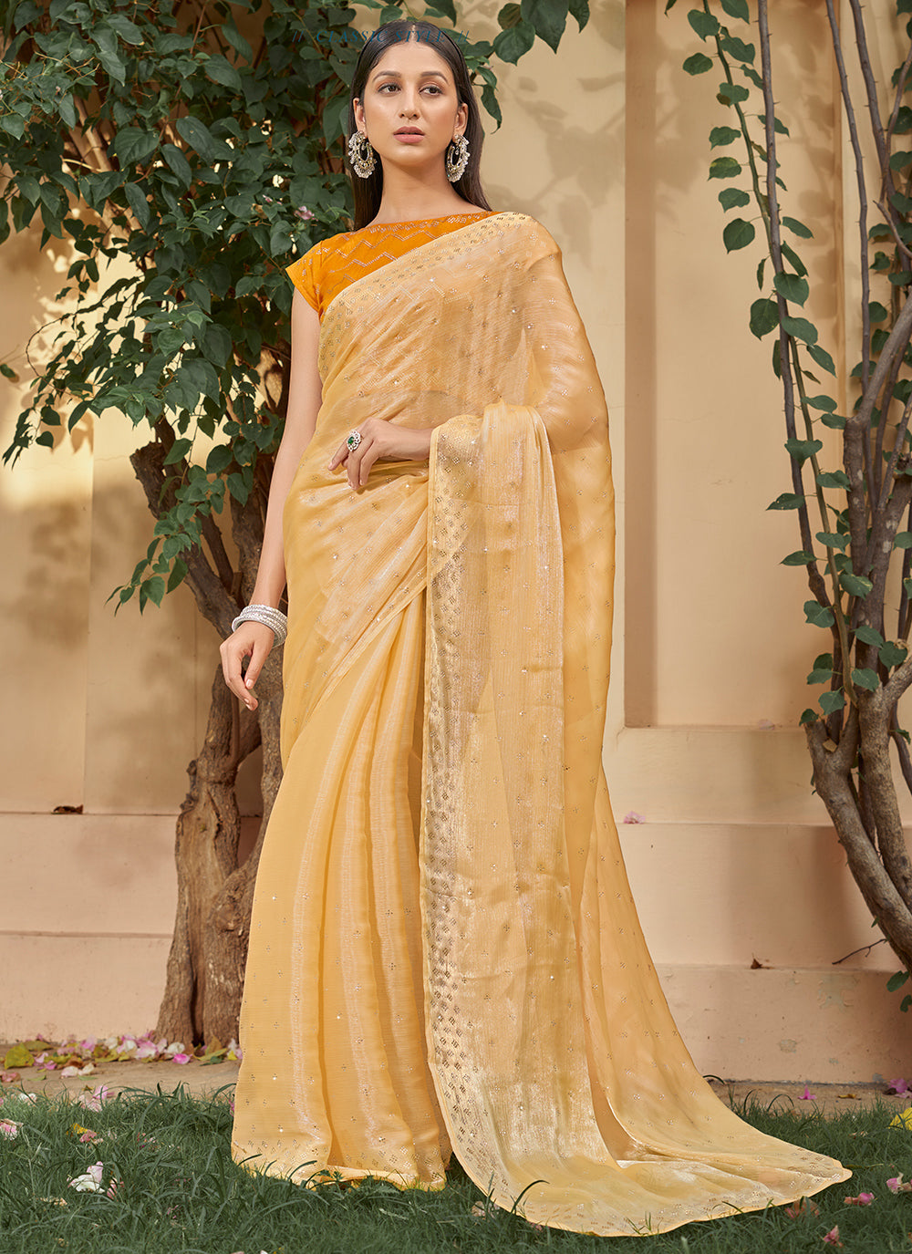 Burberry Silk Saree with Swarovski Designer Work | Satin Blouse for Weddings