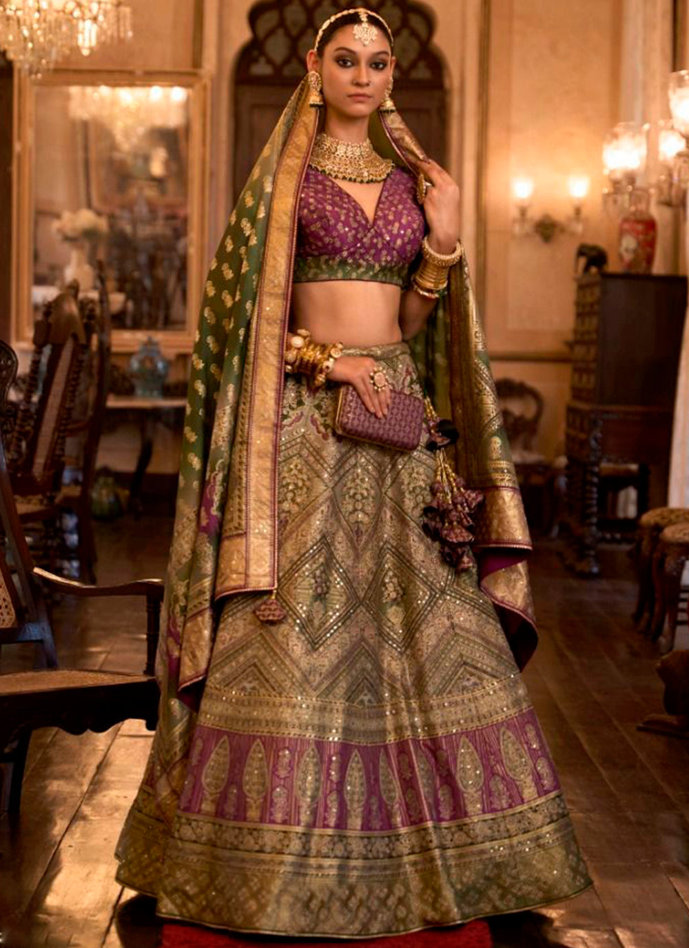 Rajwadi Silk Lehenga Choli | Designer Print, Sparkle Aari & Mirror Work