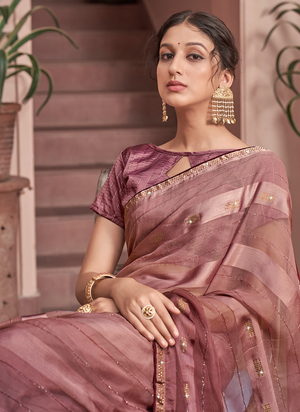 Chiffon Saree with Art-Silk Blouse | Wevon-Patta & Sequin Embroidery