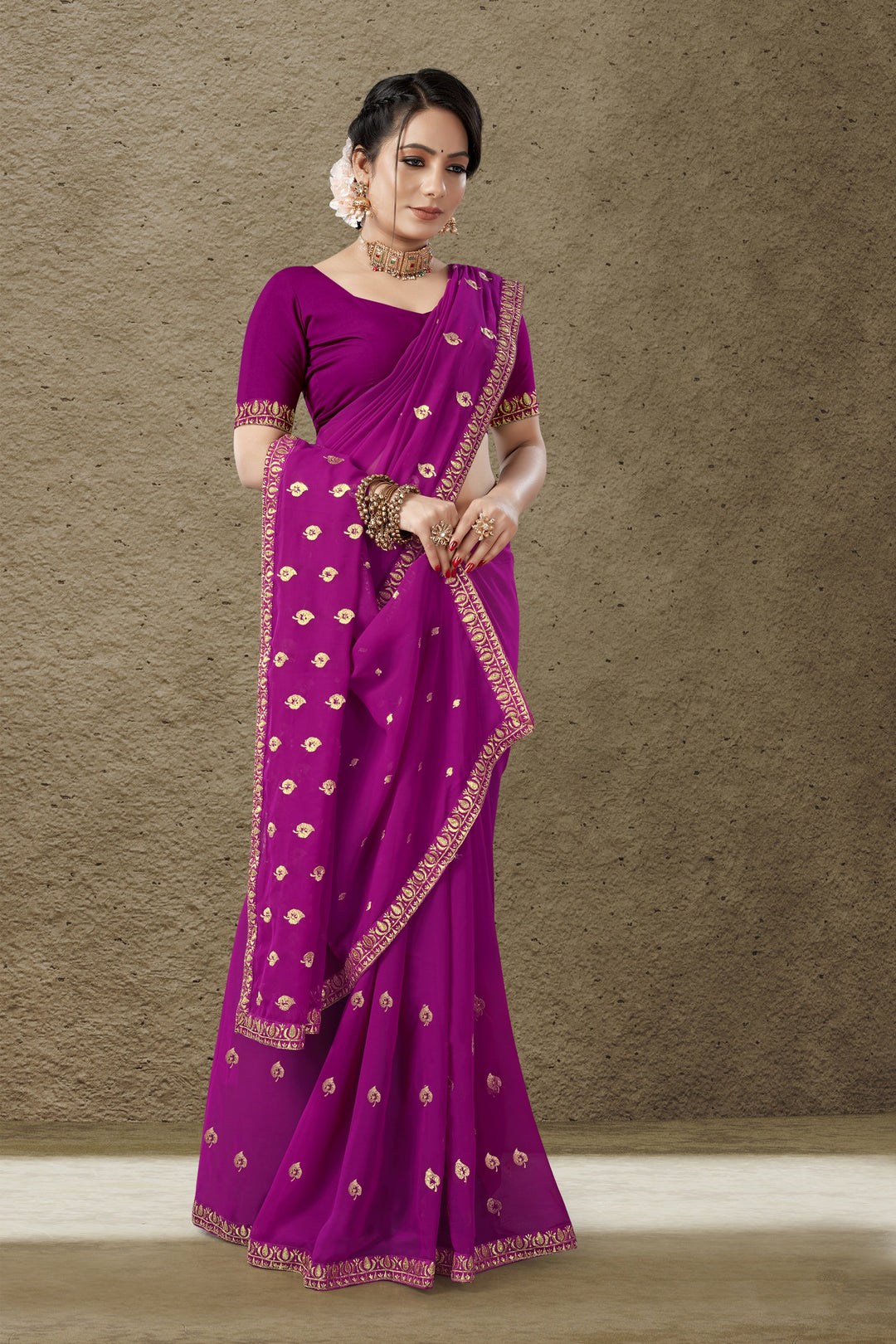 Georgette Saree with Art-Silk Blouse | Blooming-Color Jari Embroidery