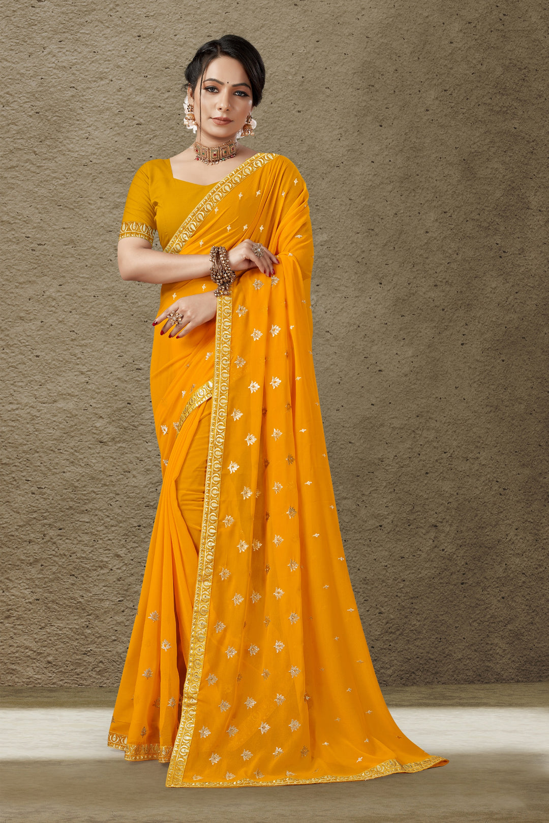 Georgette Saree with Art-Silk Blouse | Blooming-Color Jari Embroidery