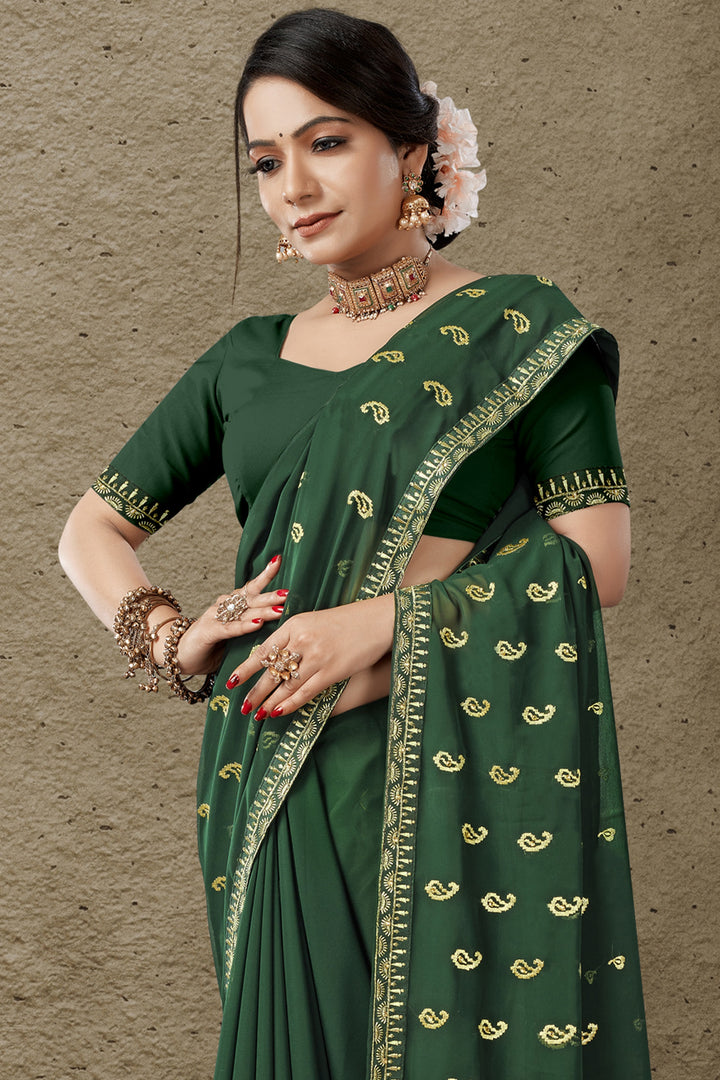 Georgette Saree with Art-Silk Blouse | Blooming Color Jari Embroidery | Traditional Wedding Party Wear