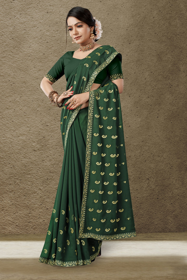 Georgette Saree with Art-Silk Blouse | Blooming Color Jari Embroidery | Traditional Wedding Party Wear