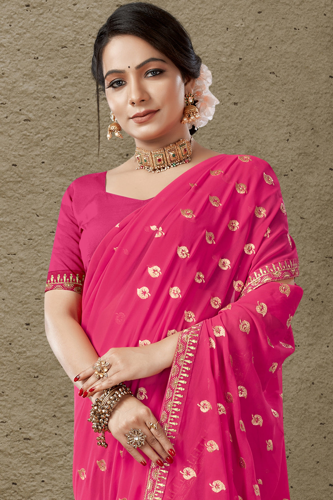 Georgette Saree with Art-Silk Blouse | Blooming-Color Jari Embroidery | Traditional Wedding Party Ceremonial