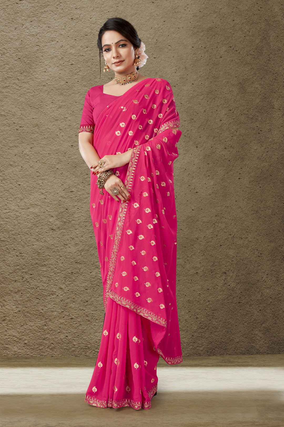 Georgette Saree with Art-Silk Blouse | Blooming-Color Jari Embroidery