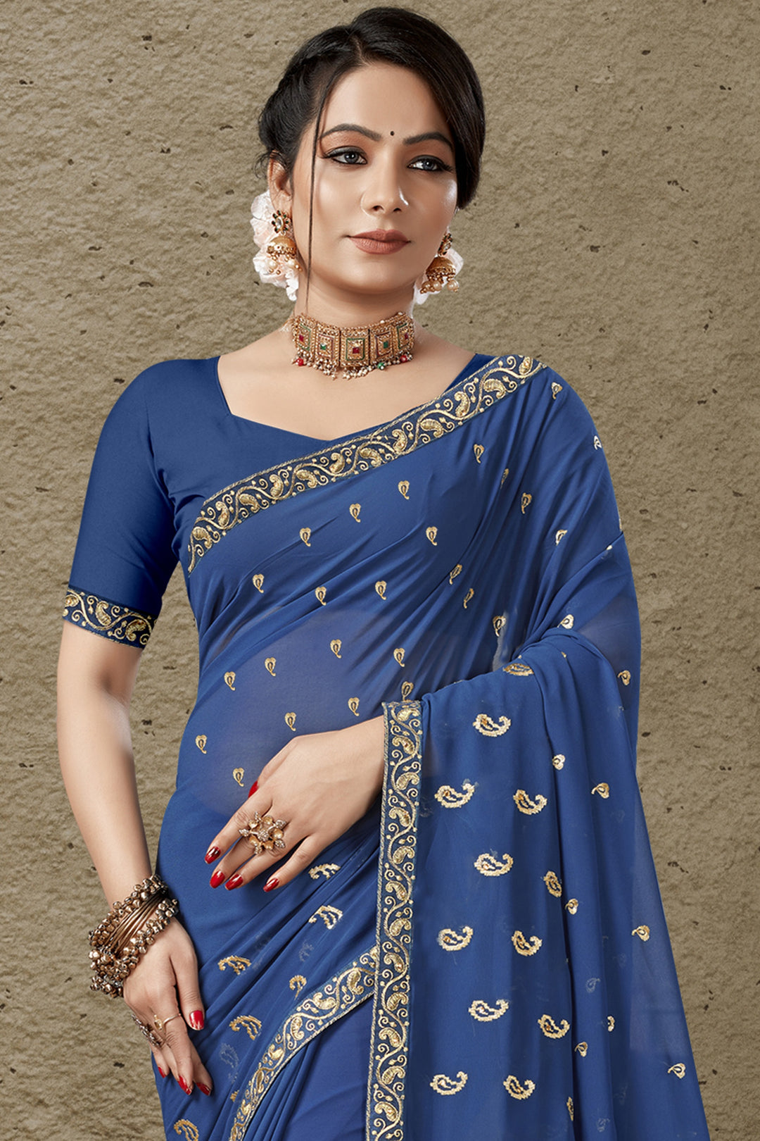 Georgette Saree with Art-Silk Blouse | Blooming Color Jari Embroidery | Traditional Wedding Party Wear