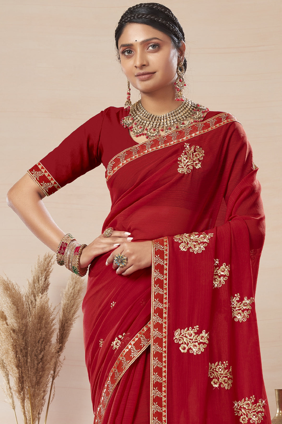 Georgette Saree with Art-Silk Blouse | Blooming-Color & Jari Embroidery Traditional Wear