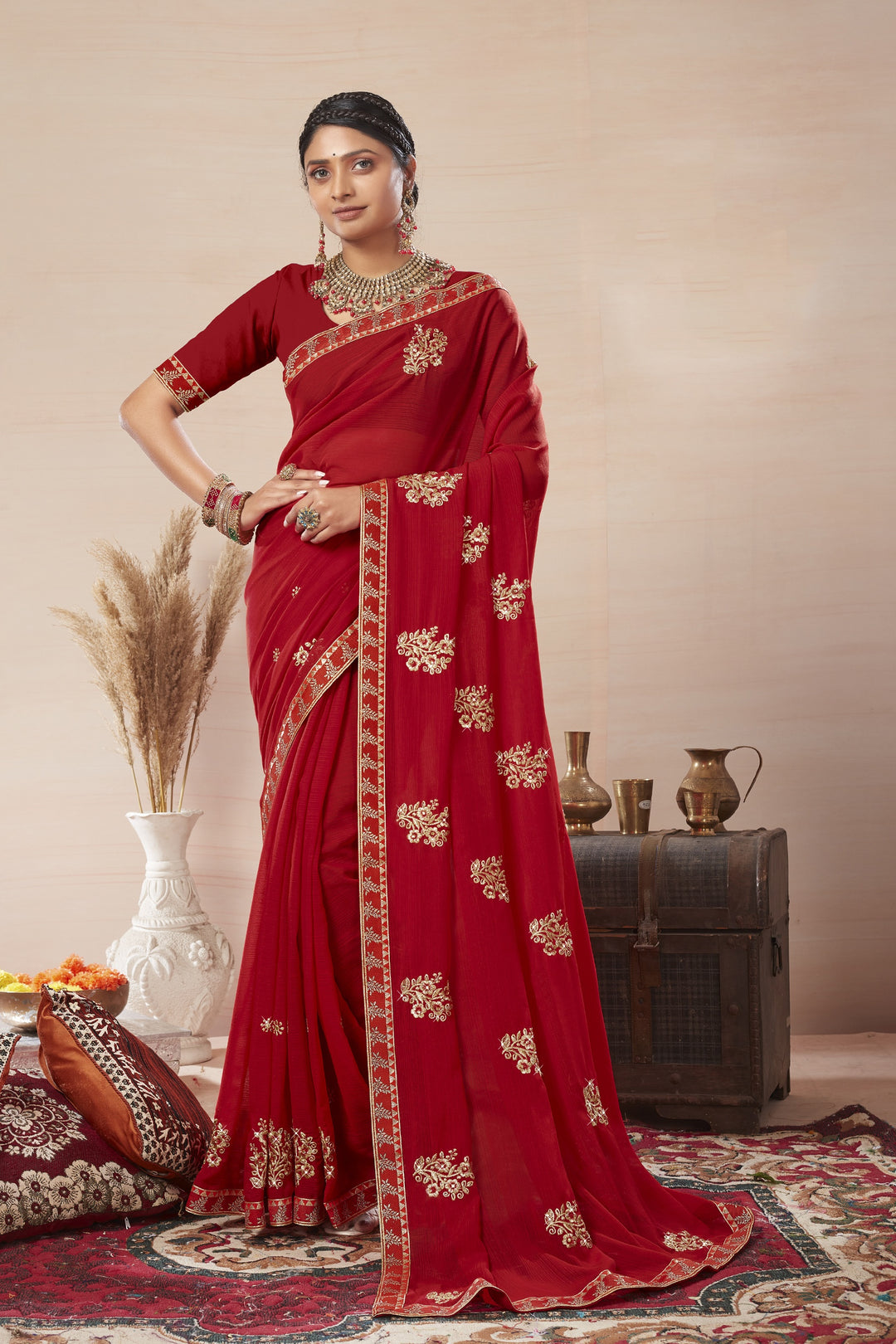 Georgette Saree with Art-Silk Blouse | Blooming-Color & Jari Embroidery Traditional Wear