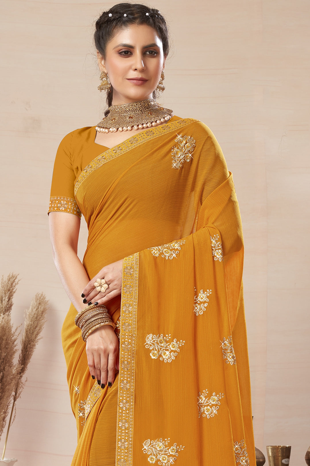 Georgette Saree with Art-Silk Blouse | Blooming-Color & Jari Embroidery Traditional Wear