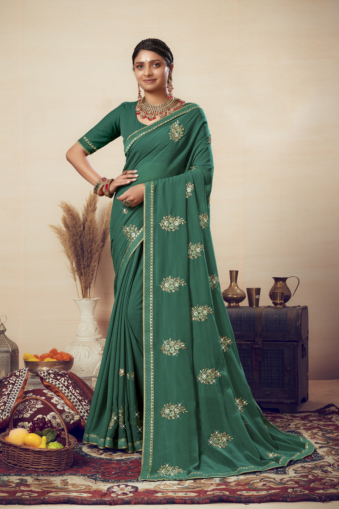 Georgette Saree with Art-Silk Blouse | Blooming-Color & Jari Embroidery Traditional Wear