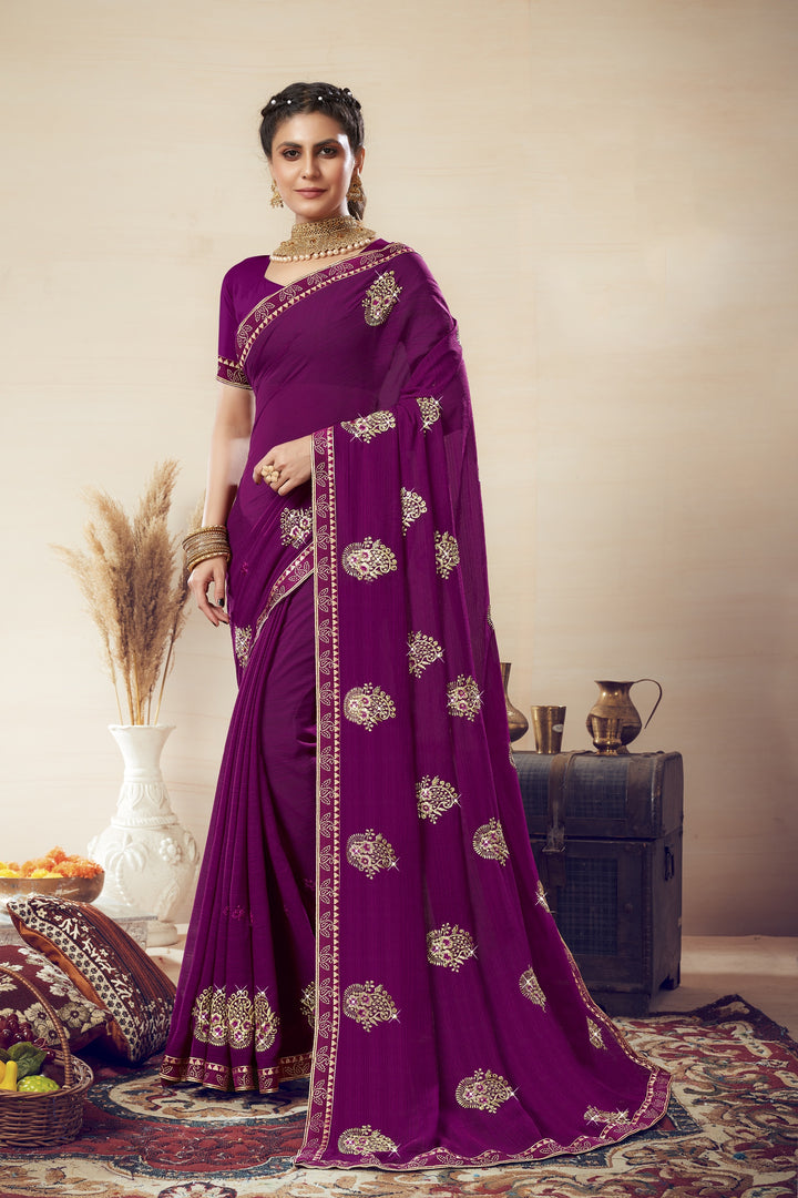 Georgette Saree with Art-Silk Blouse | Jari Embroidery | Floral Design | Wedding, Party, Traditional, Pooja, Special Event, Ceremonial