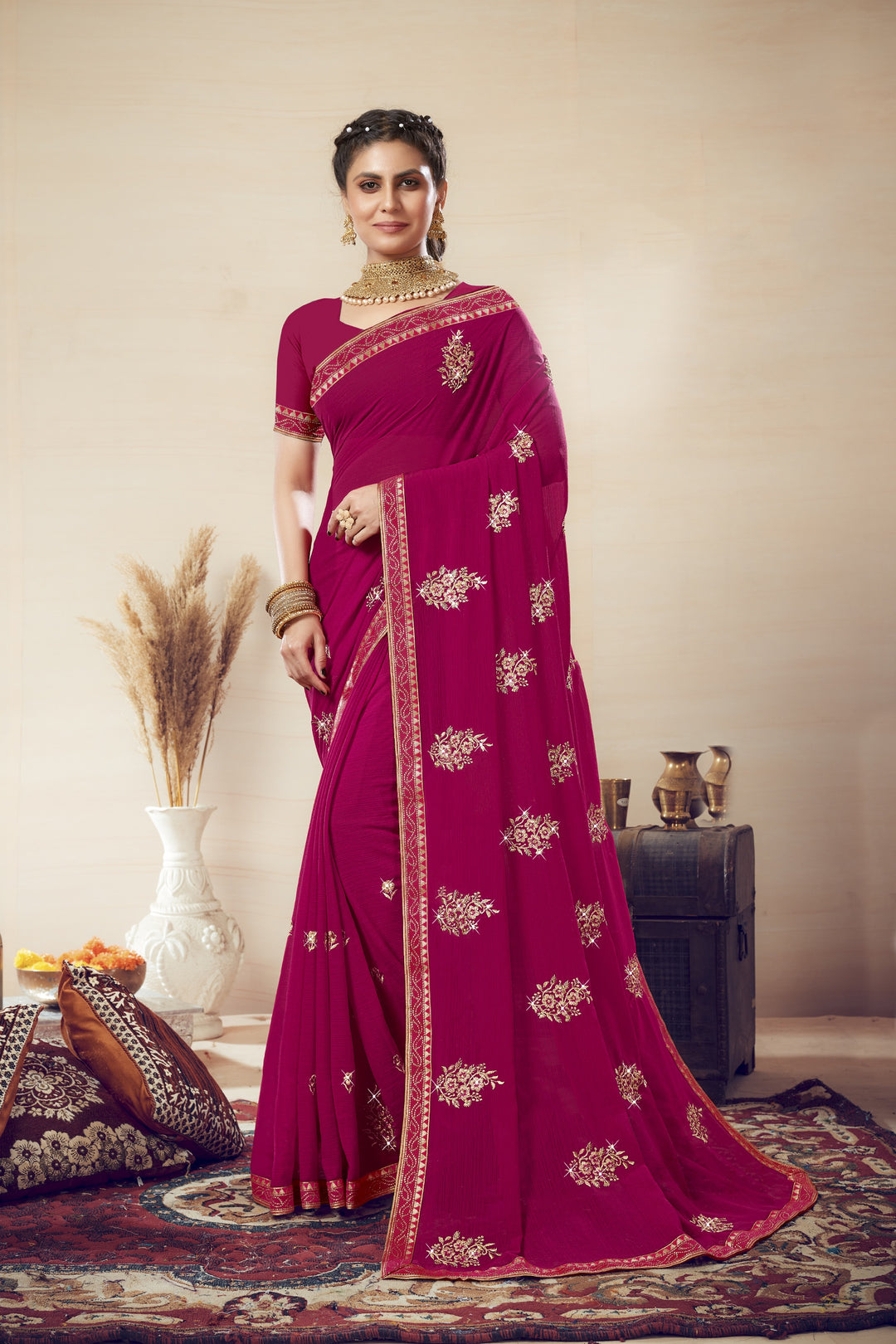 Georgette Saree with Art-Silk Blouse | Blooming-Color & Jari Embroidery Traditional Wear