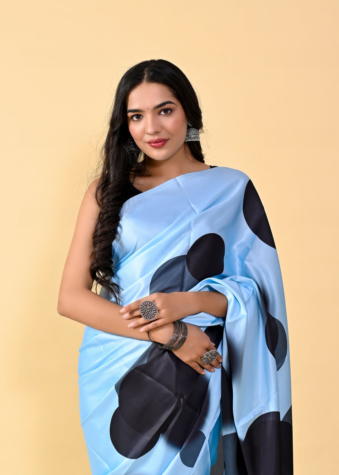 Designer Sky-Blue Satin-Silk Saree | Digital Printed Silk Blouse