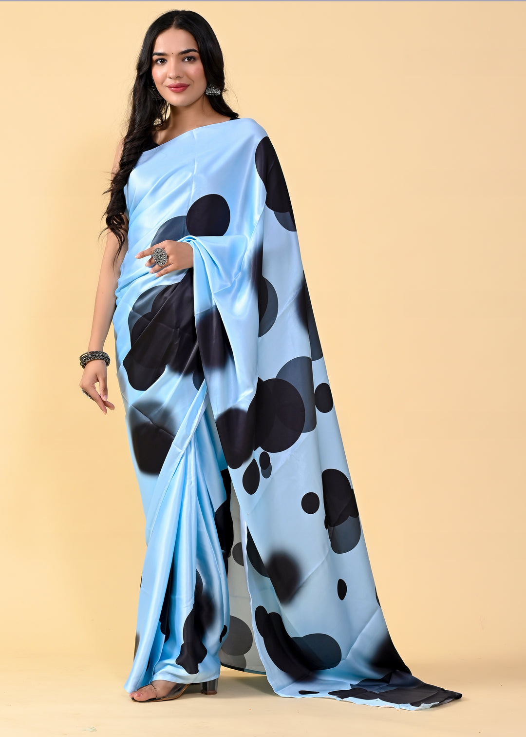 Designer Sky-Blue Satin-Silk Saree | Digital Printed Silk Blouse