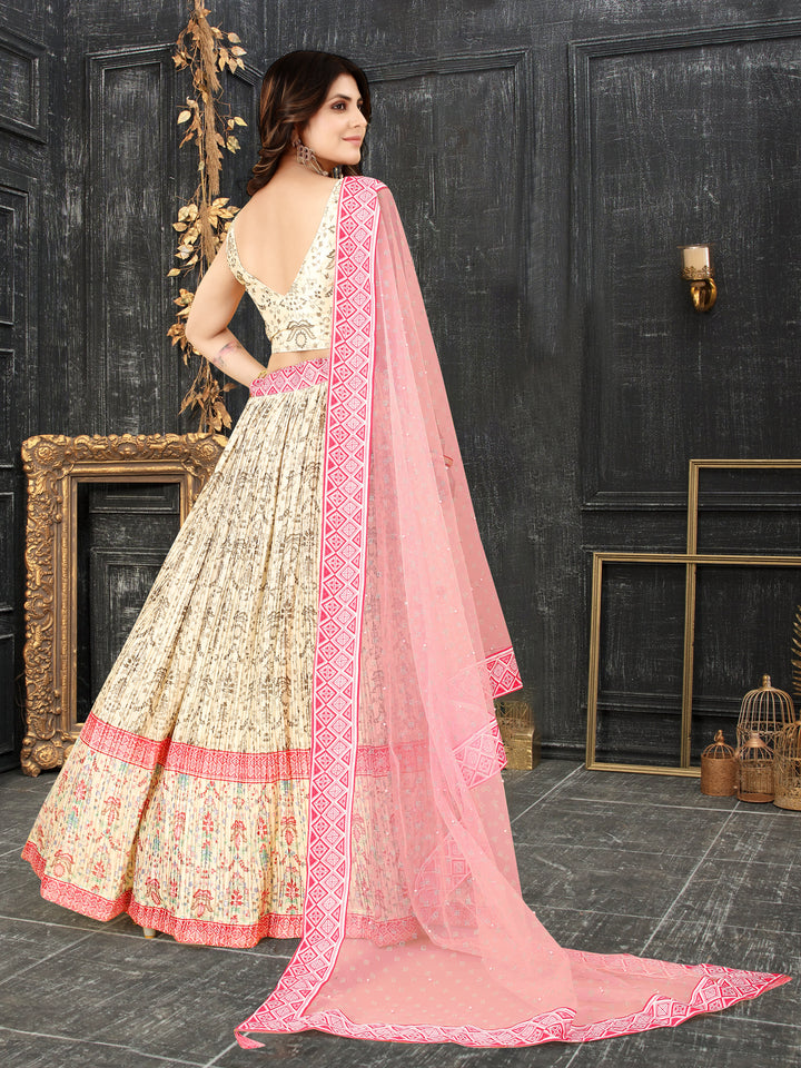 Cream Chinon Silk Lehenga Set Digital Print & Crushed Work | Festive Wear