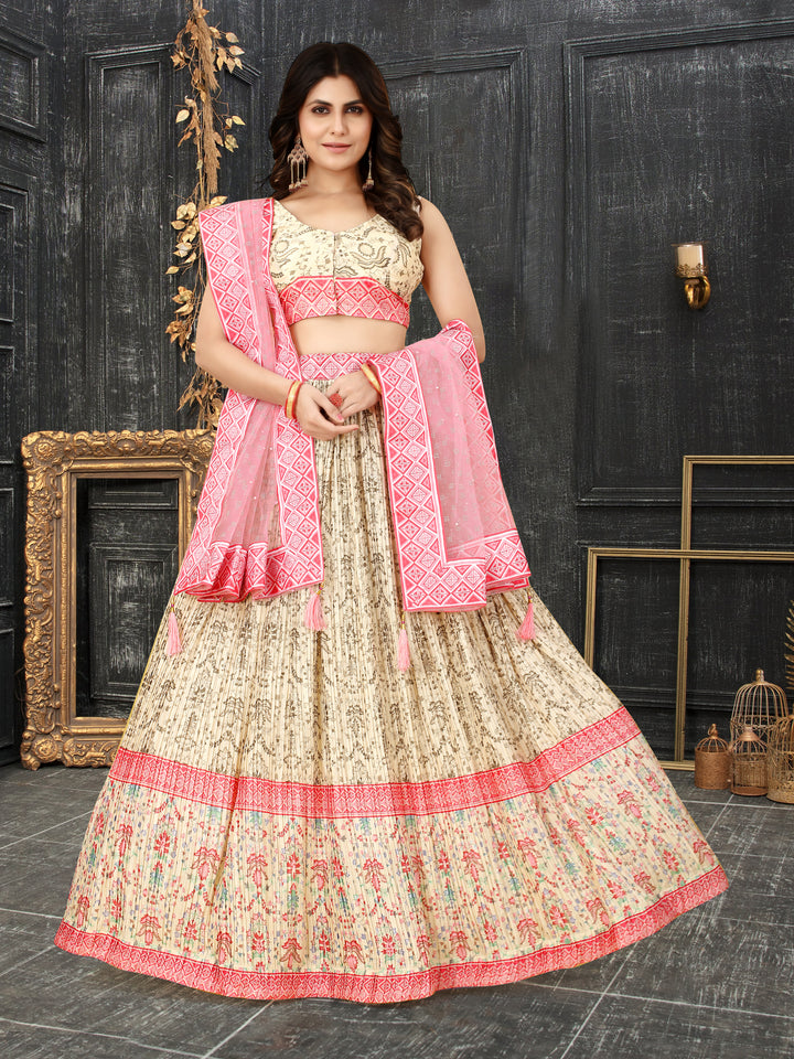 Cream Chinon Silk Lehenga Set Digital Print & Crushed Work | Festive Wear