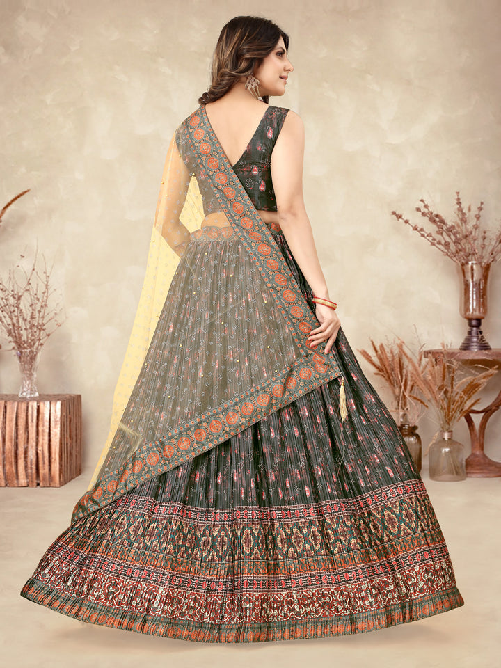 Elegant Black Chinon Silk Lehenga Set Net Dupatta & Crushed Work | Festive Wear