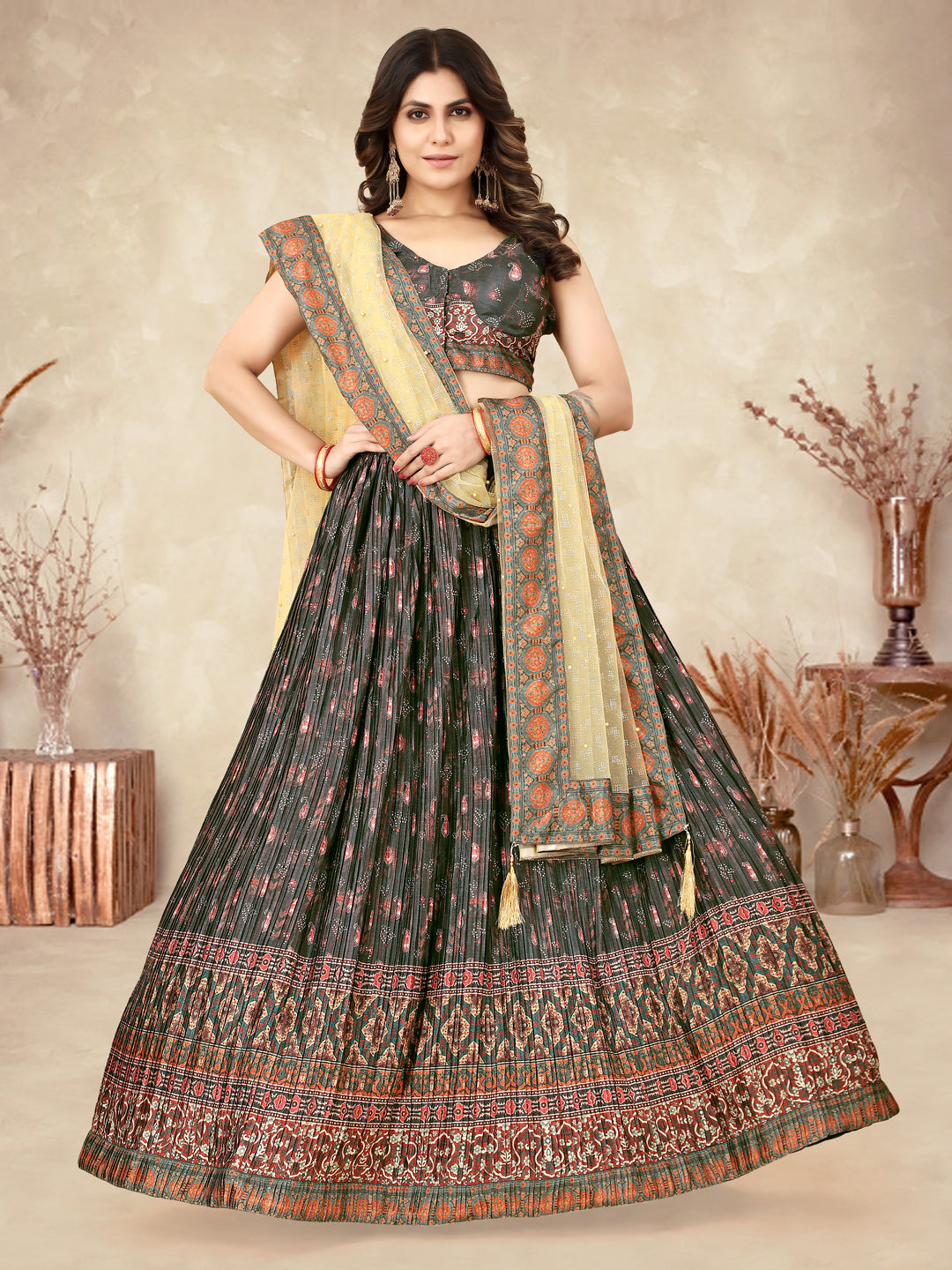 Elegant Black Chinon Silk Lehenga Set Net Dupatta & Crushed Work | Festive Wear