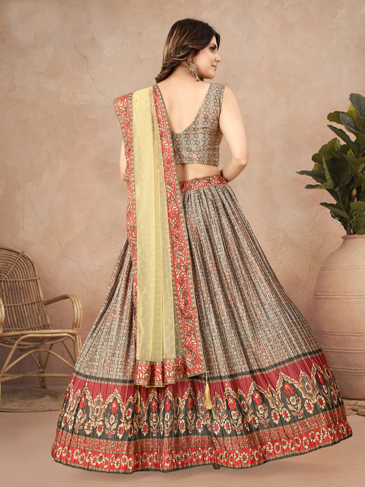 Gray Chinon Silk Lehenga Set Net Dupatta & Crushed Work | Wedding Wear