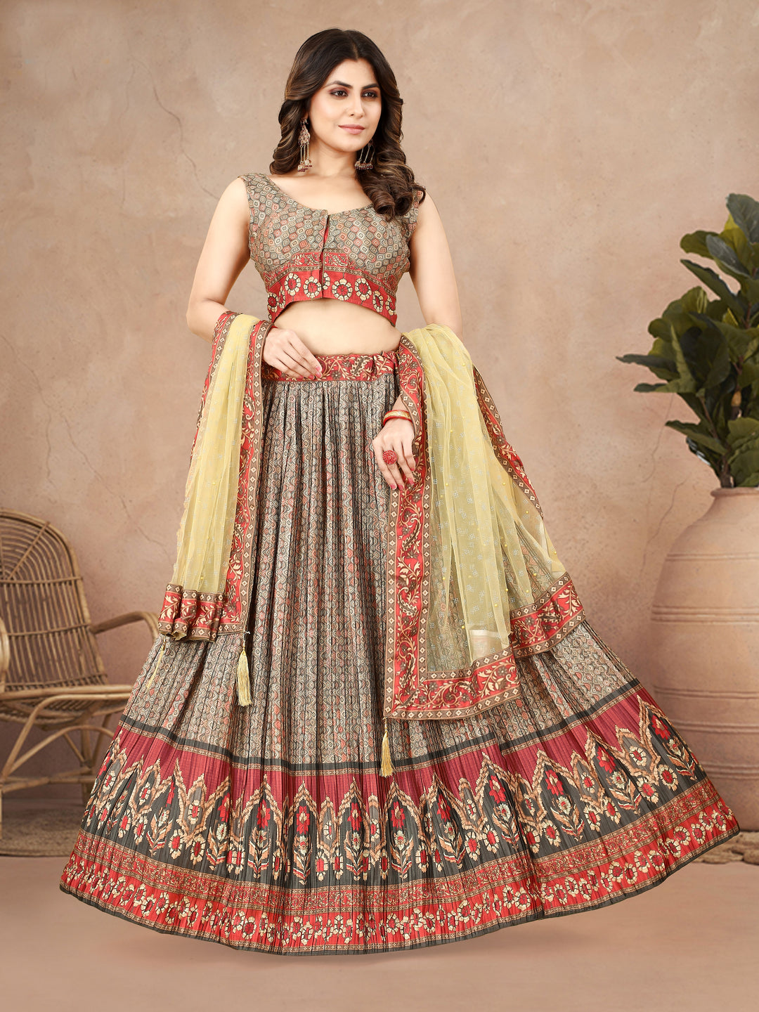 Gray Chinon Silk Lehenga Set Net Dupatta & Crushed Work | Wedding Wear