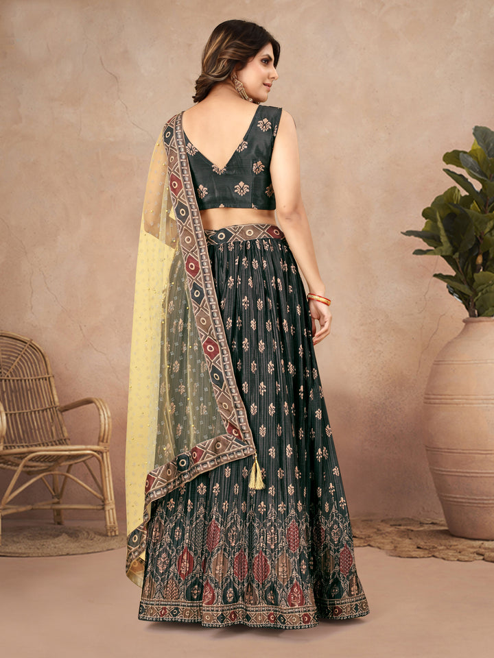 Black Chinon Silk Lehenga Choli Airakh Digital Print & Crushed Work | Festive Wear