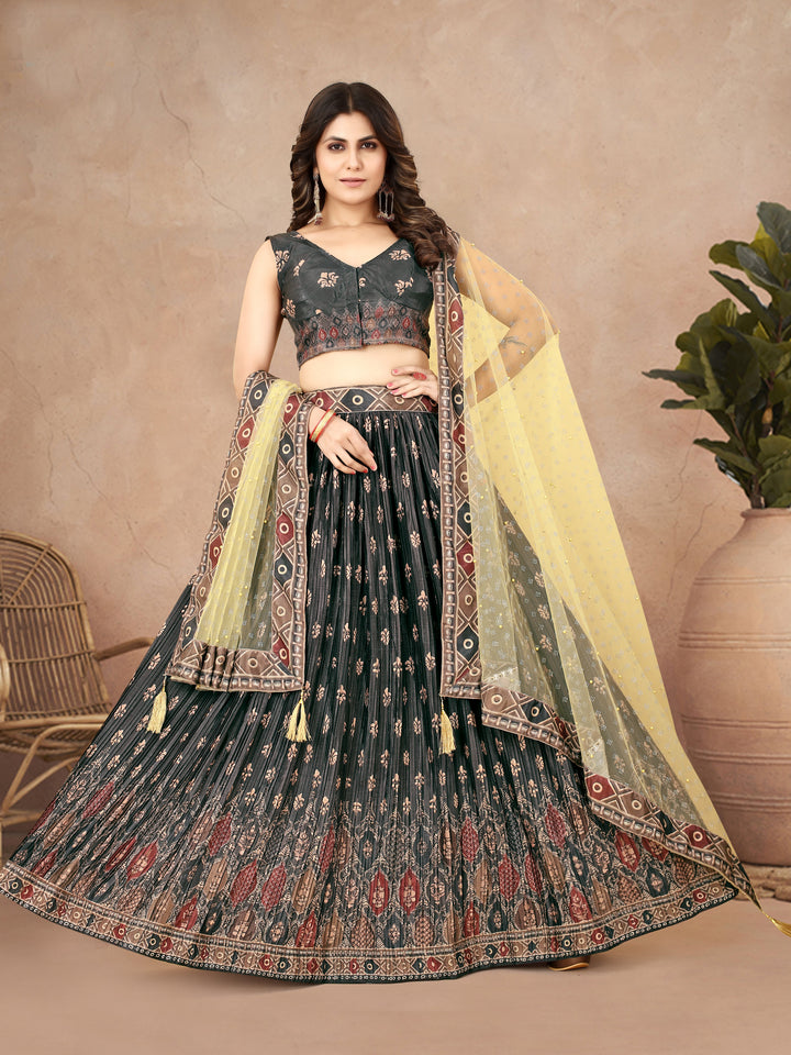 Black Chinon Silk Lehenga Choli Airakh Digital Print & Crushed Work | Festive Wear