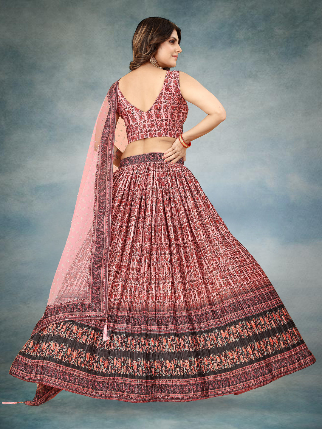 Dusty Pink Chinon Silk Lehenga Net Dupatta & Crushed Work | Wedding Wear