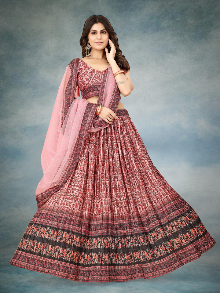 Dusty Pink Chinon Silk Lehenga Net Dupatta & Crushed Work | Wedding Wear