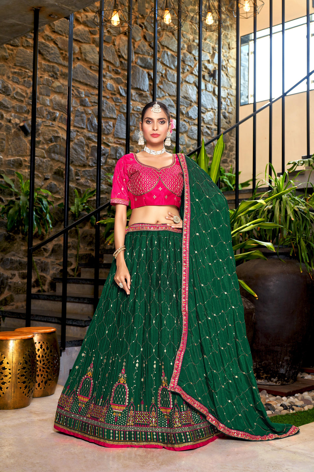 Chinon Lehenga with Malai Satin Blouse Thread Embroidery | Wedding Wear