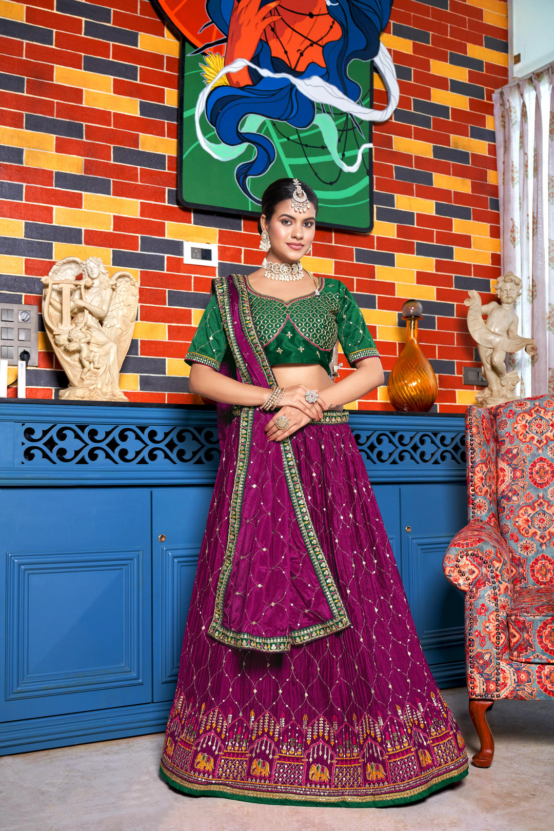 Chinon Lehenga with Malai Satin Blouse Thread Embroidery | Wedding Wear