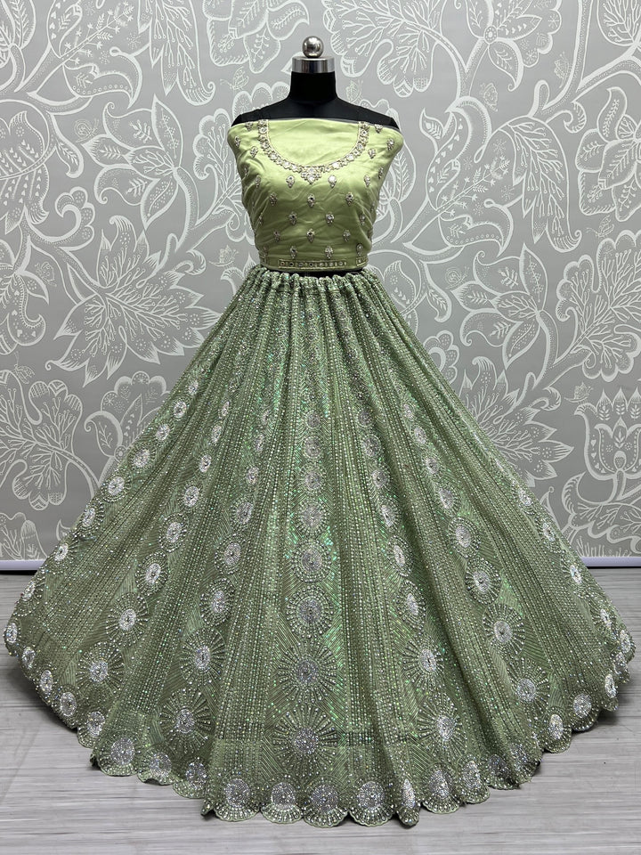 Elegant Pista Green Net Lehenga Choli | Embroidery & Sequins for Weddings