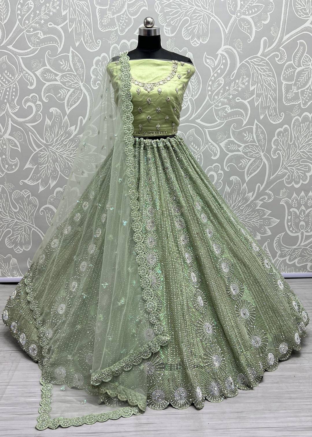 Elegant Pista Green Net Lehenga Choli | Embroidery & Sequins for Weddings