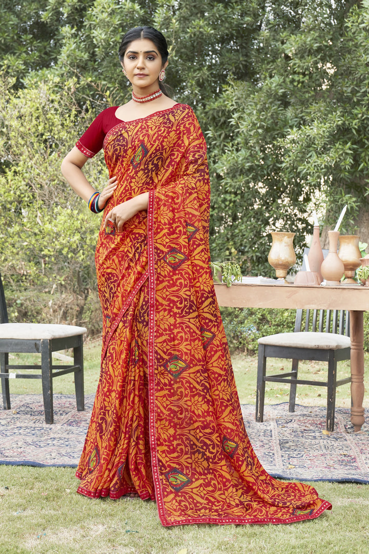 Georgette Printed Saree | Traditional Wedding Party Wear Elegant Ceremonial Attire