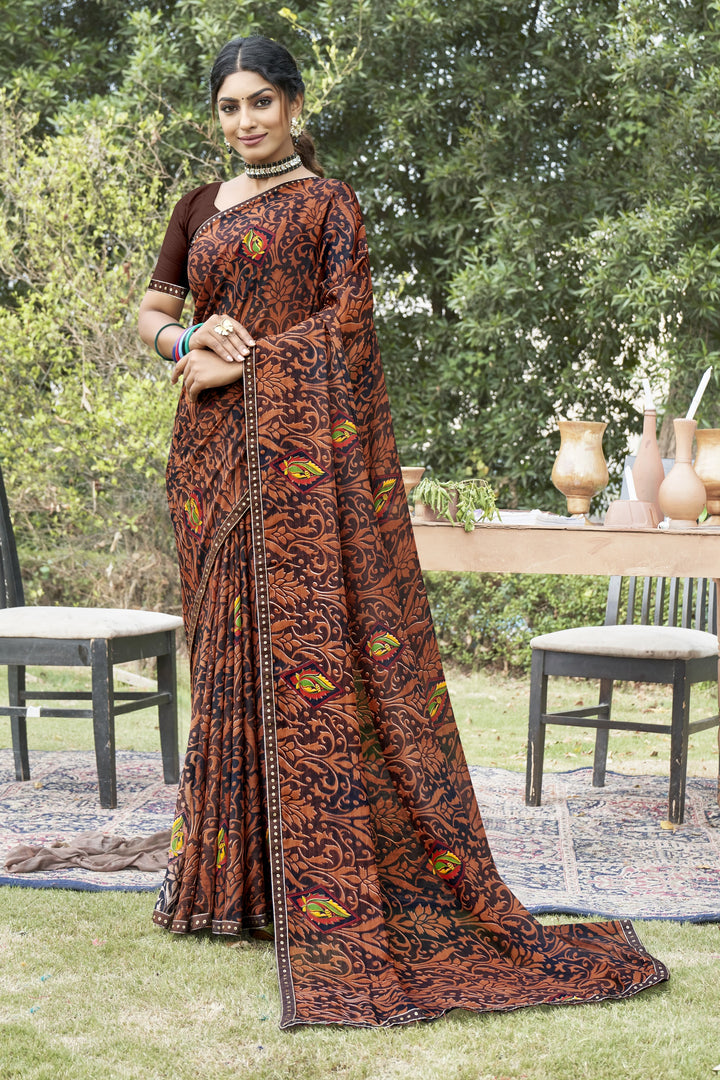 Georgette Printed Saree | Traditional Wedding Party Wear Elegant Ceremonial Attire