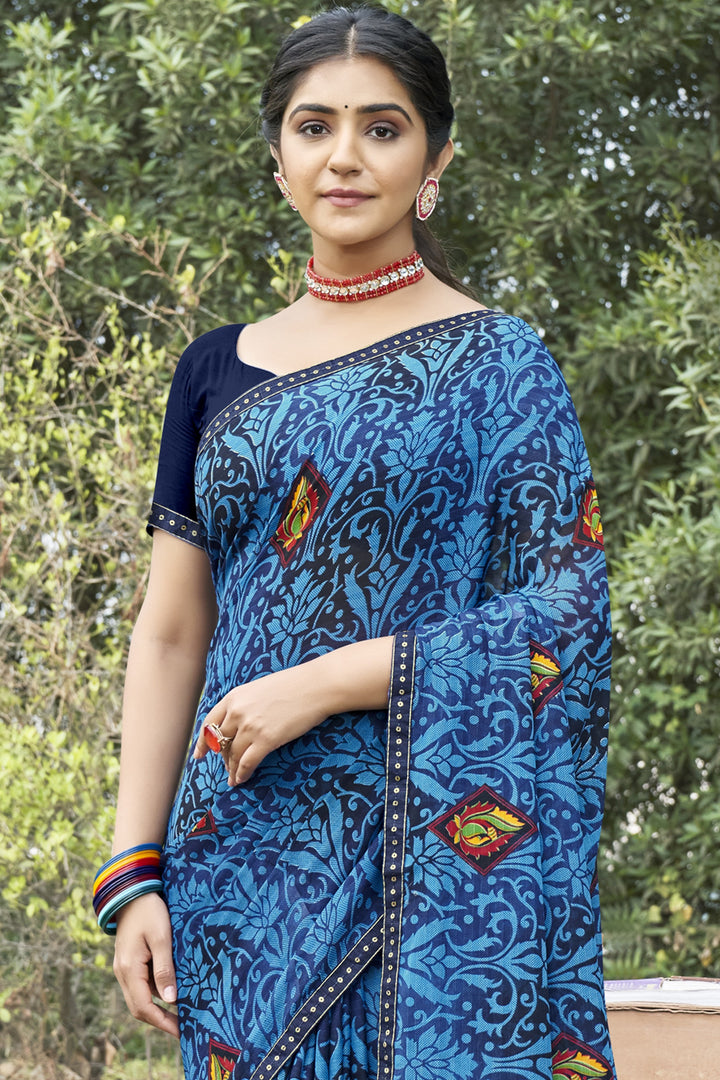 Georgette Printed Saree | Traditional Wedding Party Wear Elegant Ceremonial Attire