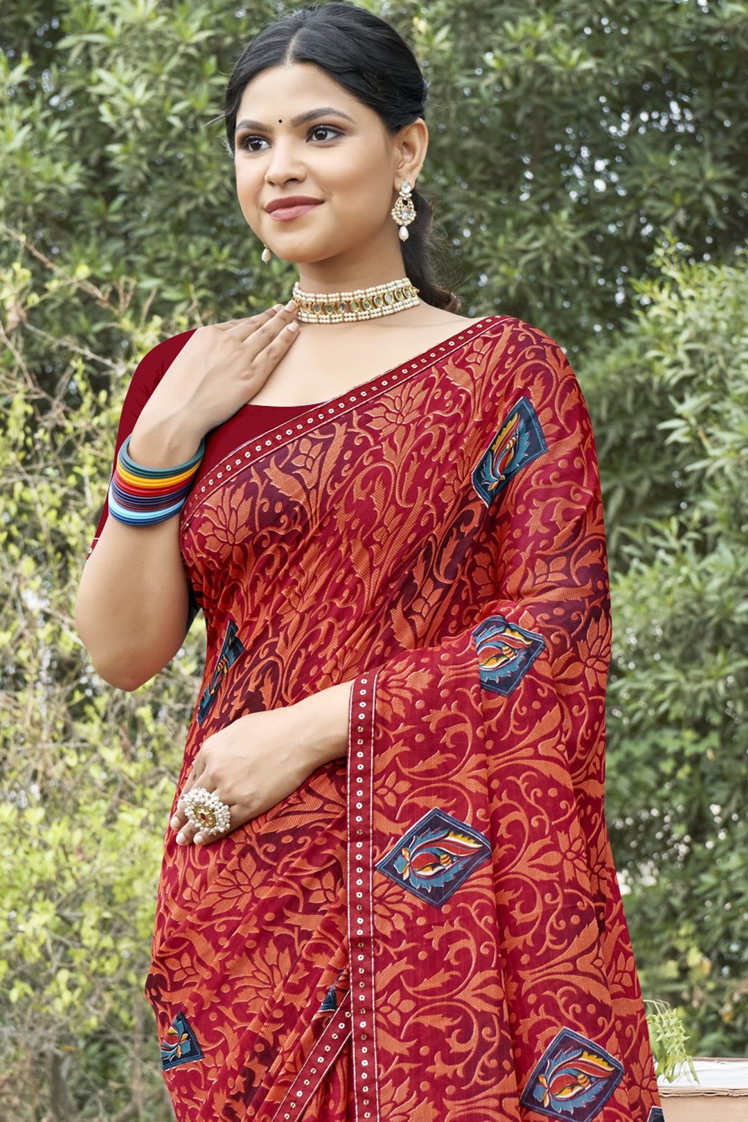 Georgette Printed Saree | Traditional Wedding Party Wear Elegant Ceremonial Attire