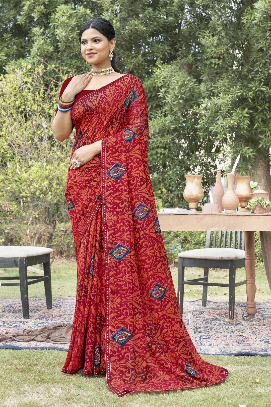 Georgette Printed Saree | Traditional Wedding Party Wear Elegant Ceremonial Attire