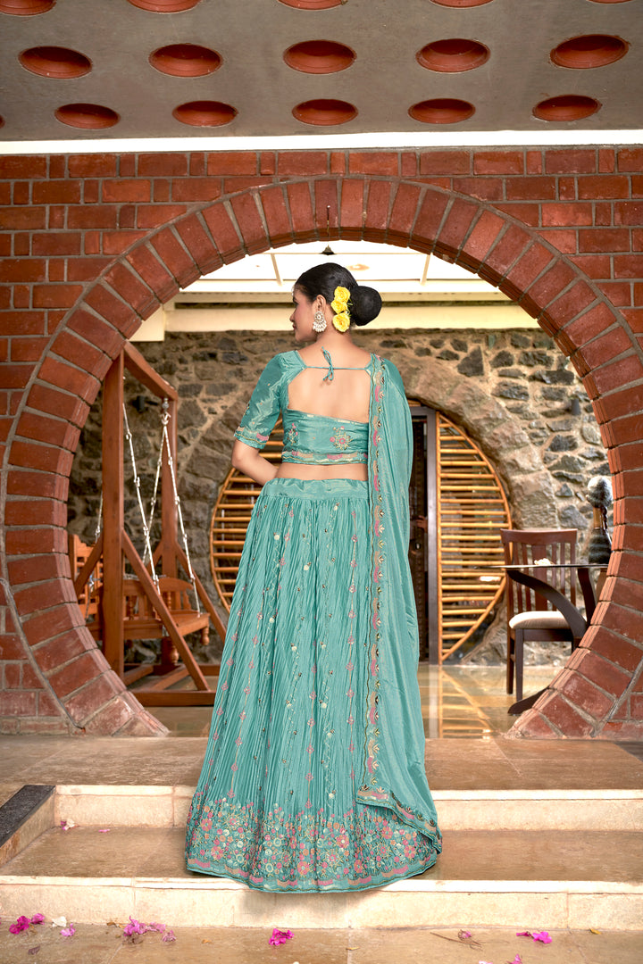 Chinon Lehenga Choli | Crushed Dupatta with Thread & Sequins Embroidery