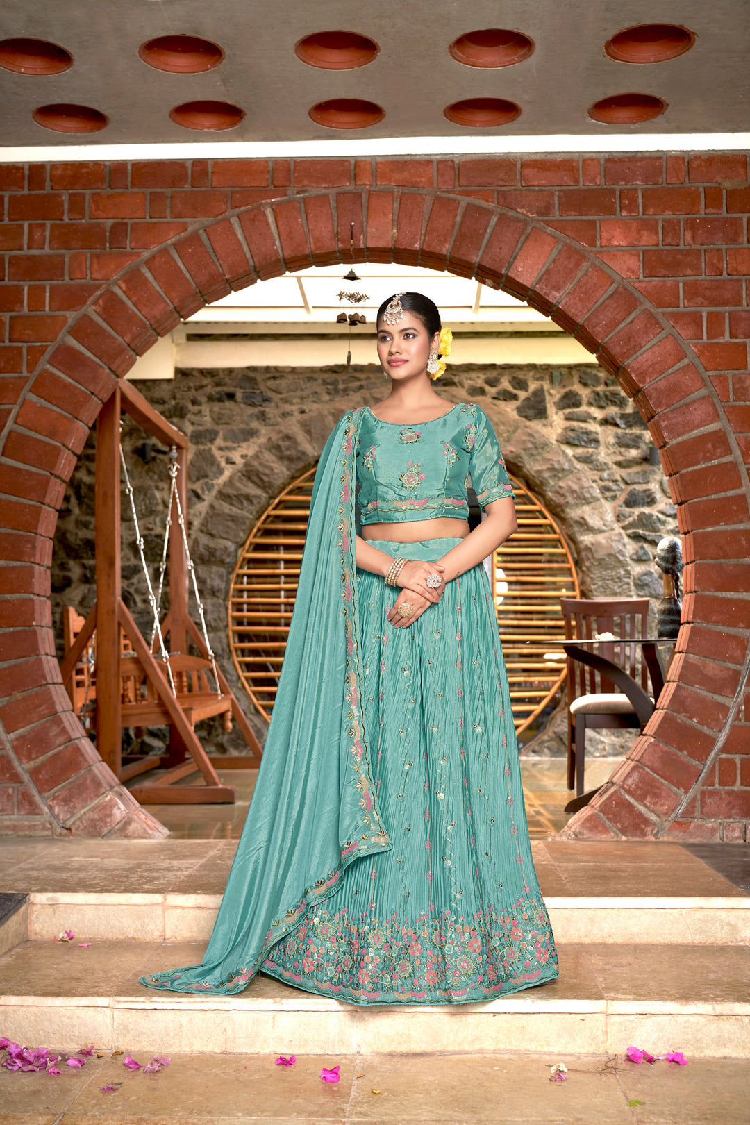 Chinon Lehenga Choli | Crushed Dupatta with Thread & Sequins Embroidery